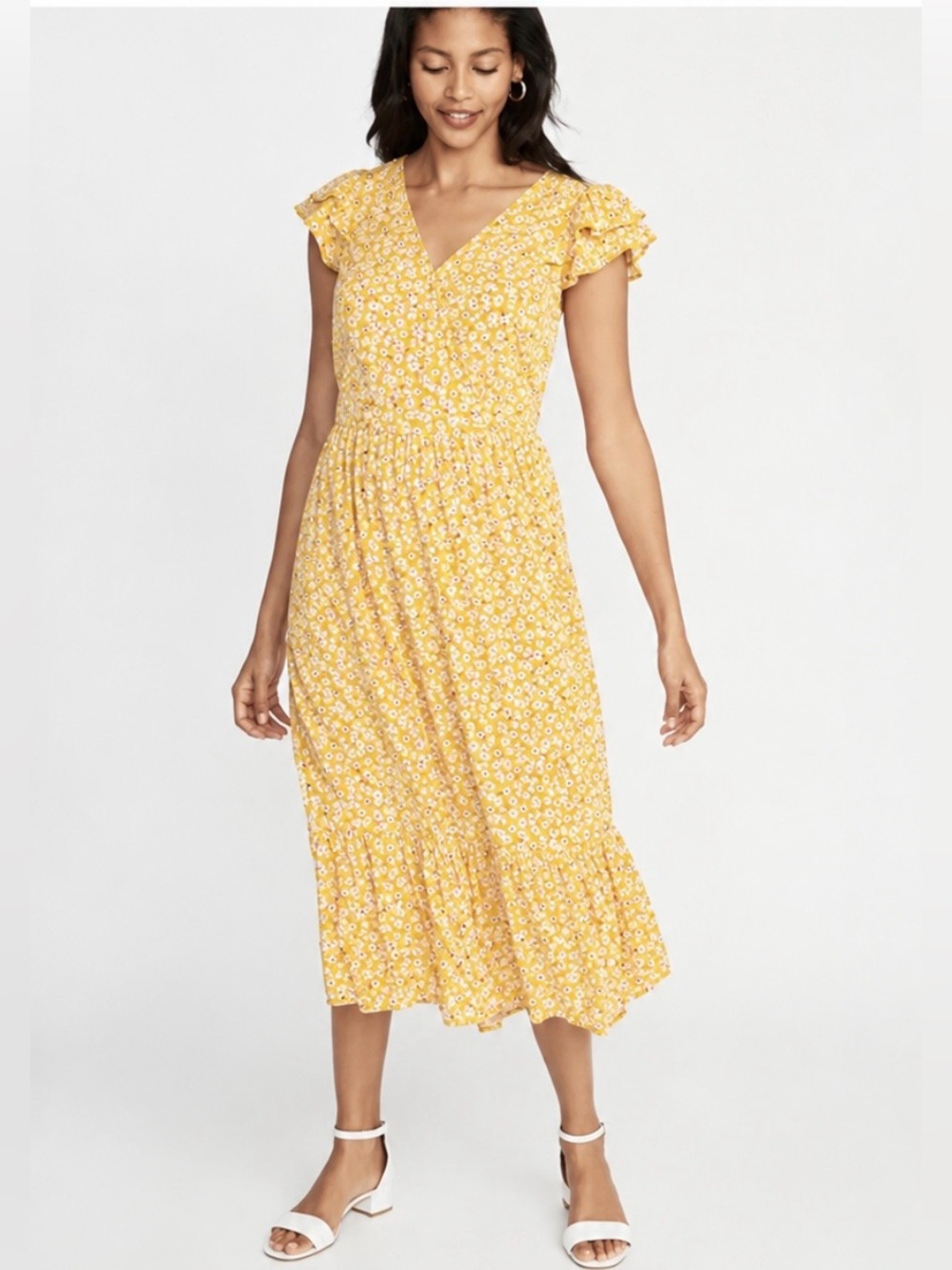 Old Navy Yellow Floral Wrap Midi Dress